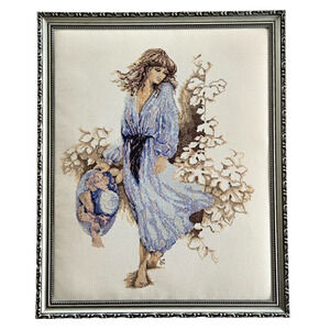 Vintage Framed Crosstitch Sarah Moon Lady In Blue Cottagecore Boho Floral 22x18"